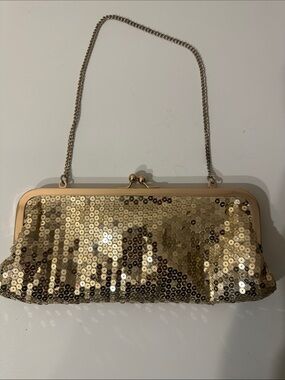 ANN TAYLOR LOFT Gold Sequin Chain-Handle Evening Clutch